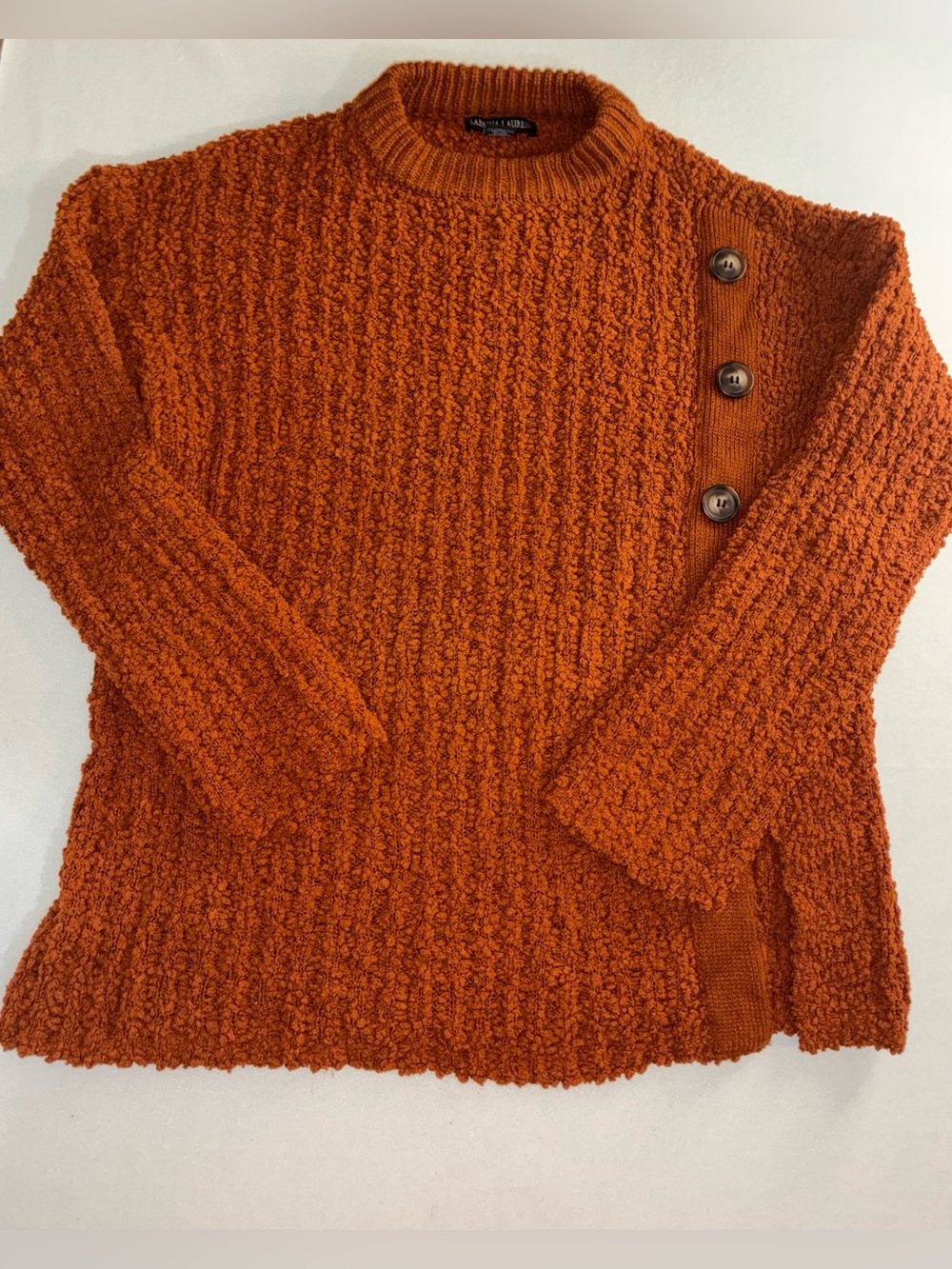 Oversized Sabrina Lauren Textured Button-Accent Sweater - Burnt Orange